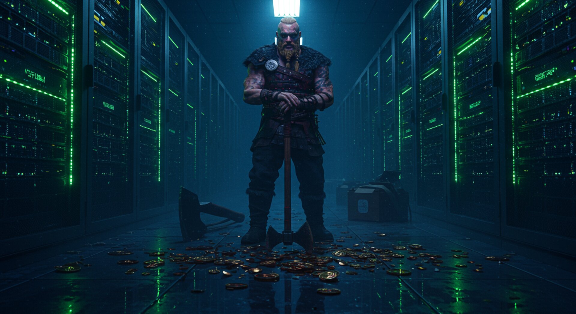 Victorious viking standing over crushed tokens