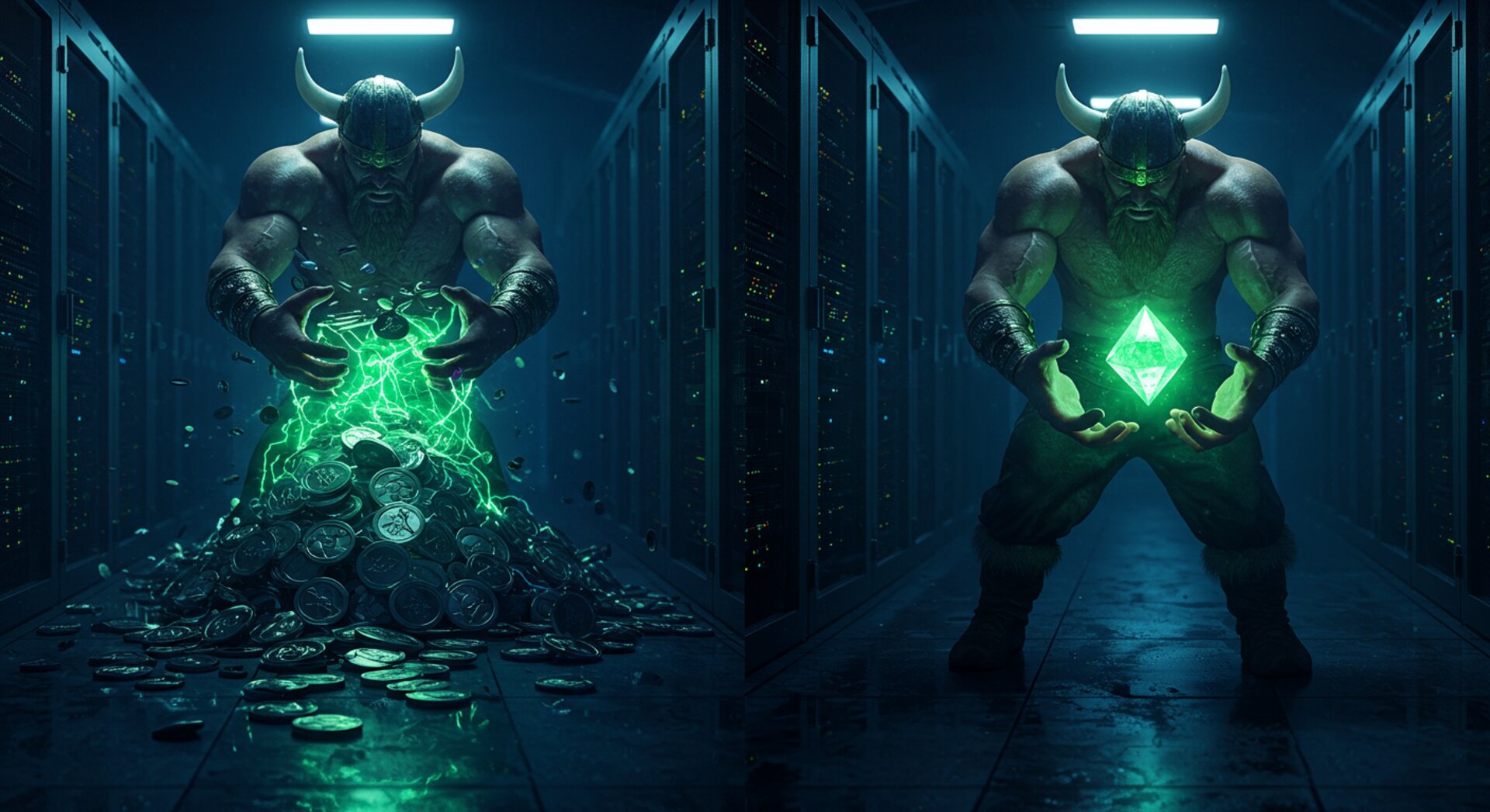 Viking compressing tokens into a glowing crystal