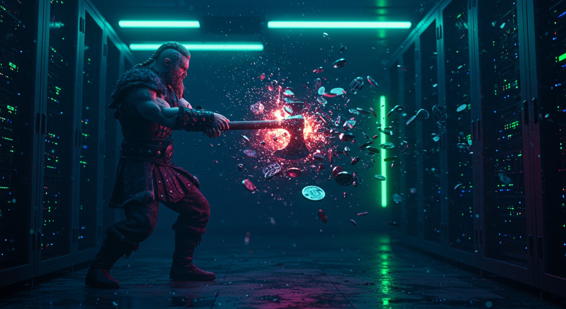 Viking warrior smashing token noise with his axe