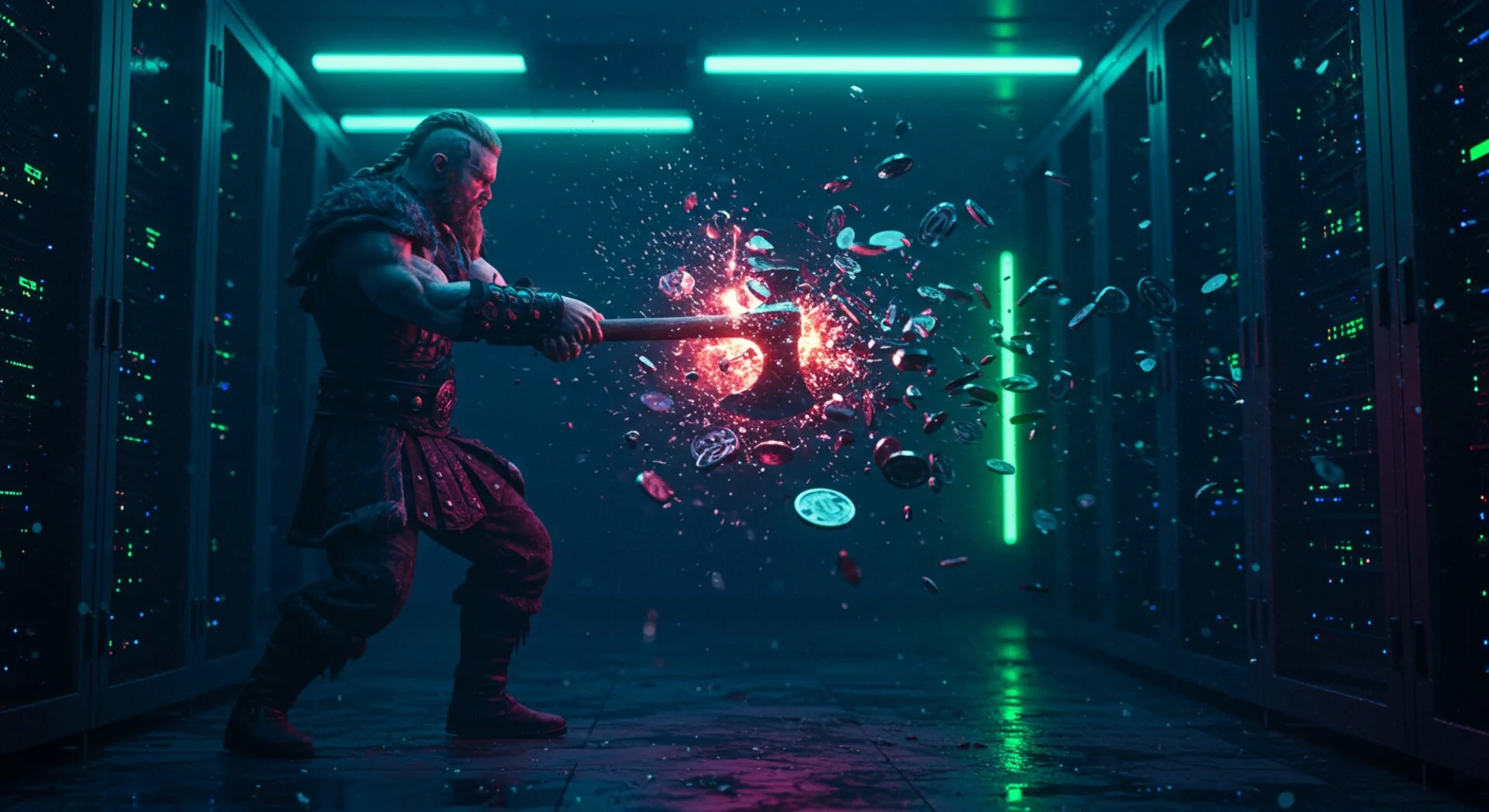 Viking warrior smashing token noise with his axe