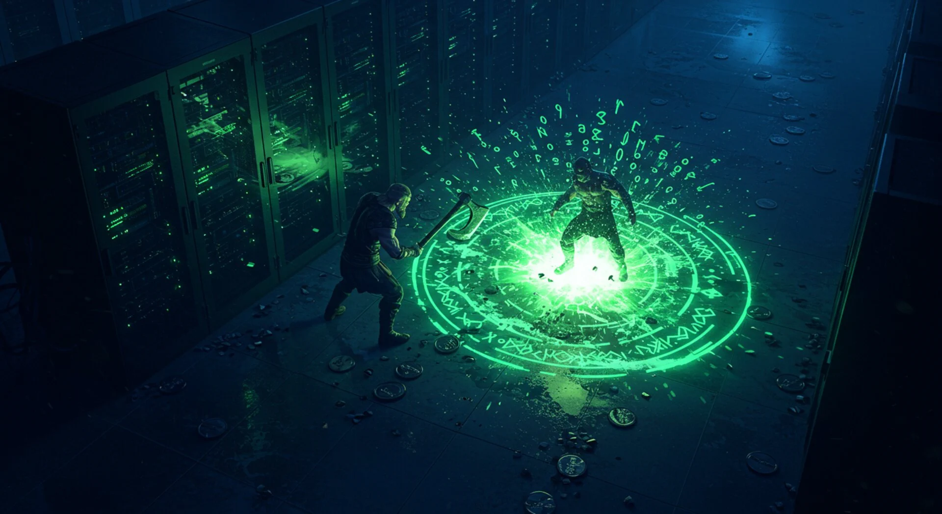Viking slamming axe into ground creating green energy shockwave