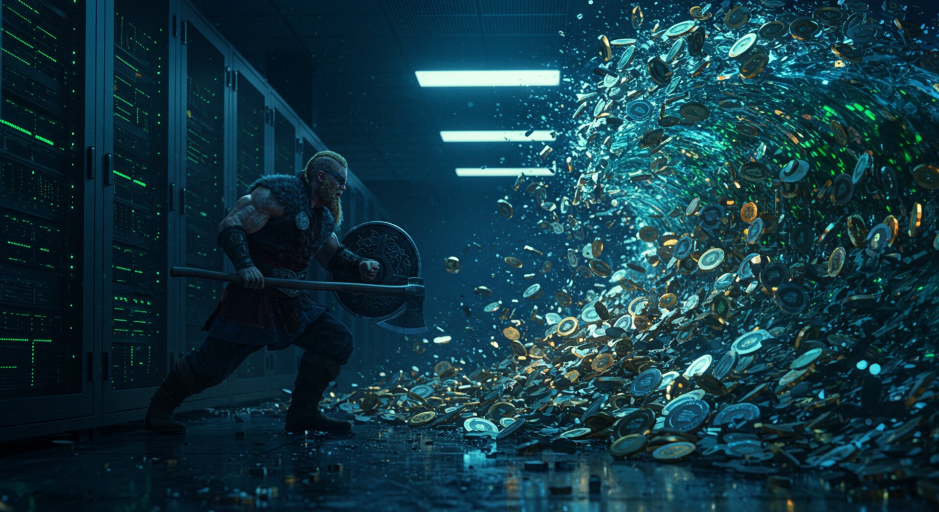 Viking bracing against a tidal wave of tokens