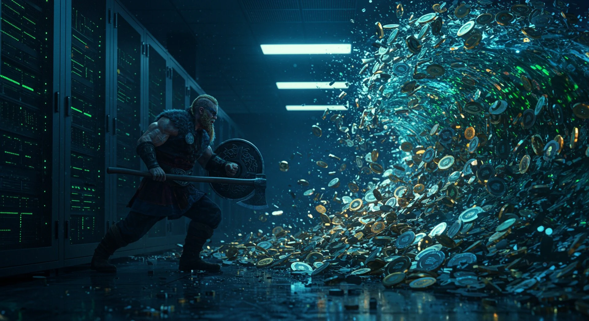 Viking bracing against a tidal wave of tokens
