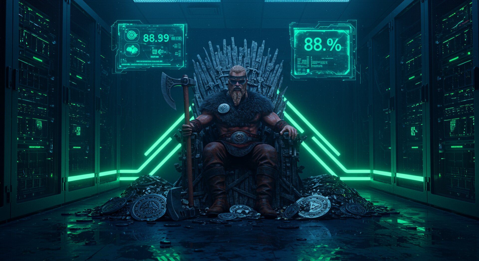 Viking king on throne with 88.9% holographic display