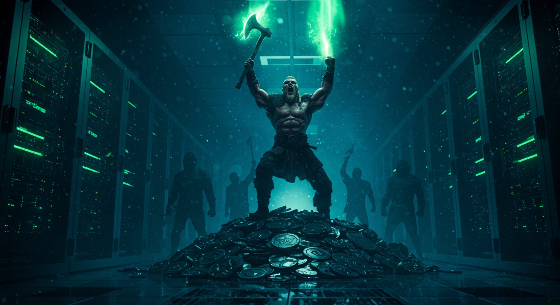 Viking raising axe in triumphant war cry