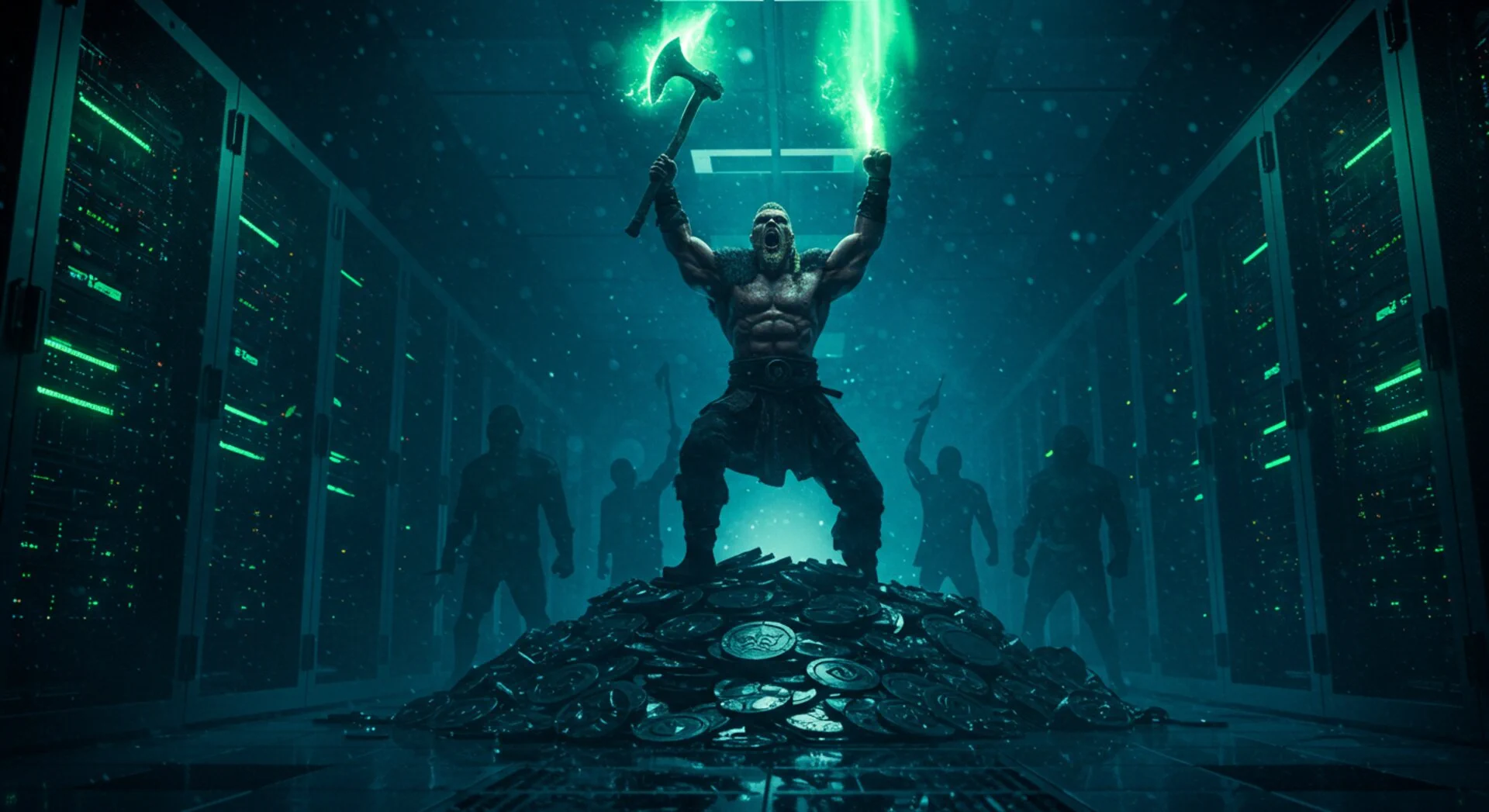 Viking raising axe in triumphant war cry